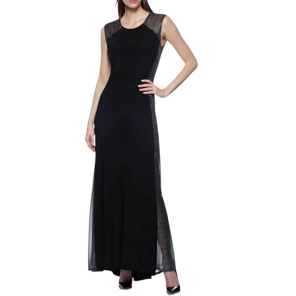 MARINA Sleeveless Sparkly Metallic Panel Gown Black Size 16